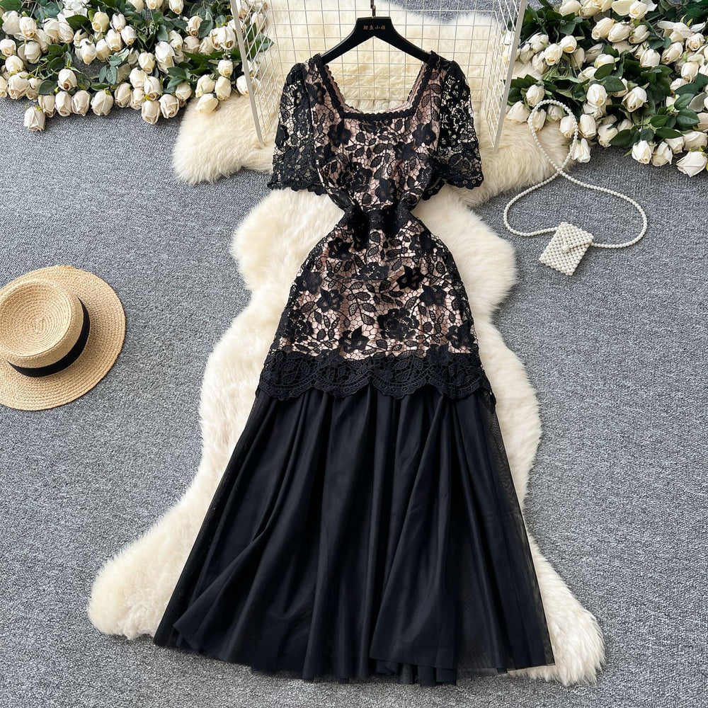 Frenchromantic atmosphere square neck dress female summer mesh embroiderpatchworksense of design royal sister elegant long skirt