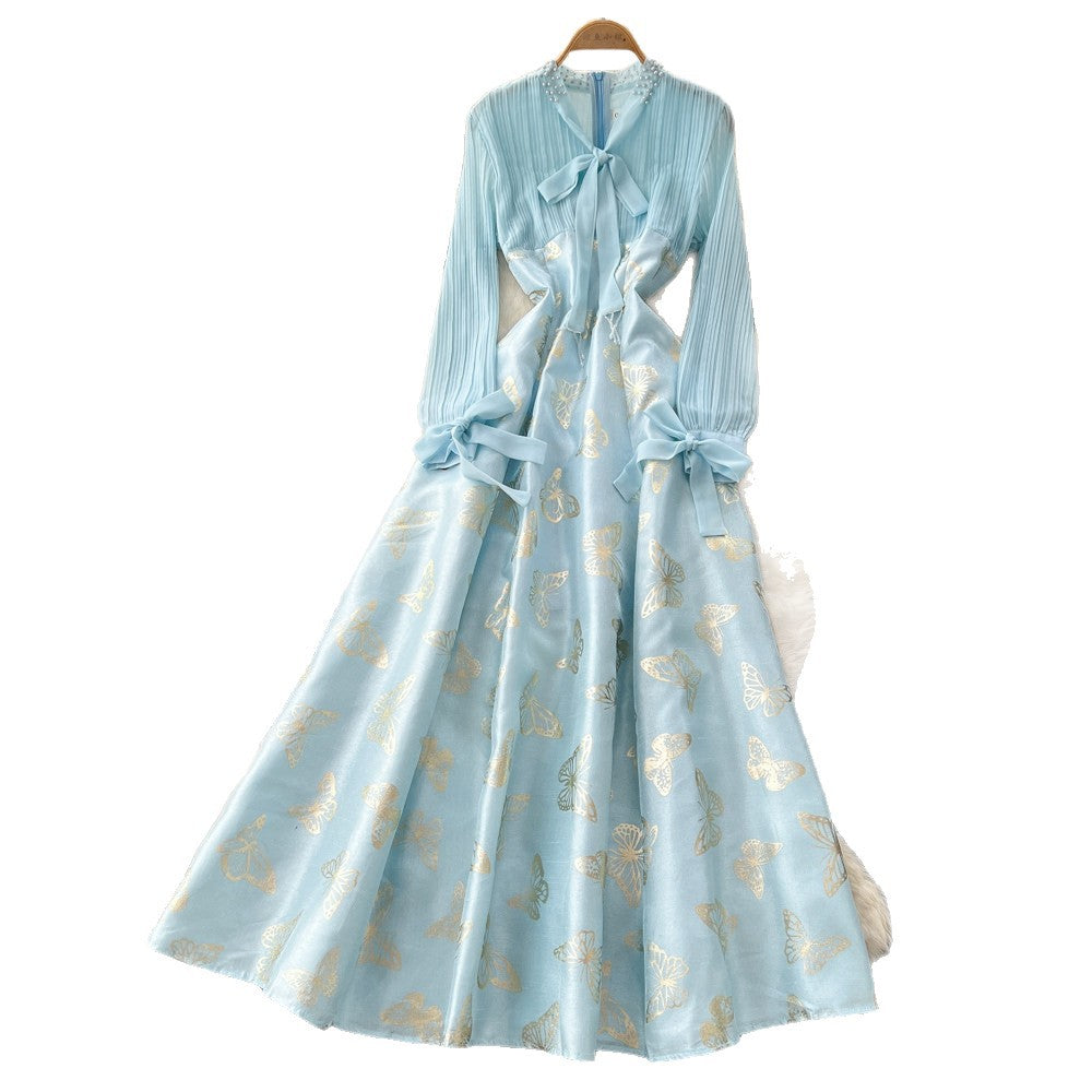 French chic butterfly print square neck dress - women's early spring outfit, high-waisted a-line skirt, figure-flattering, high-end style
