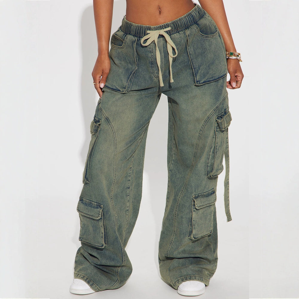 American retro distressed workwear wide-leg jeans - women's side pocket cargo pants with drawstring waist and loose fit