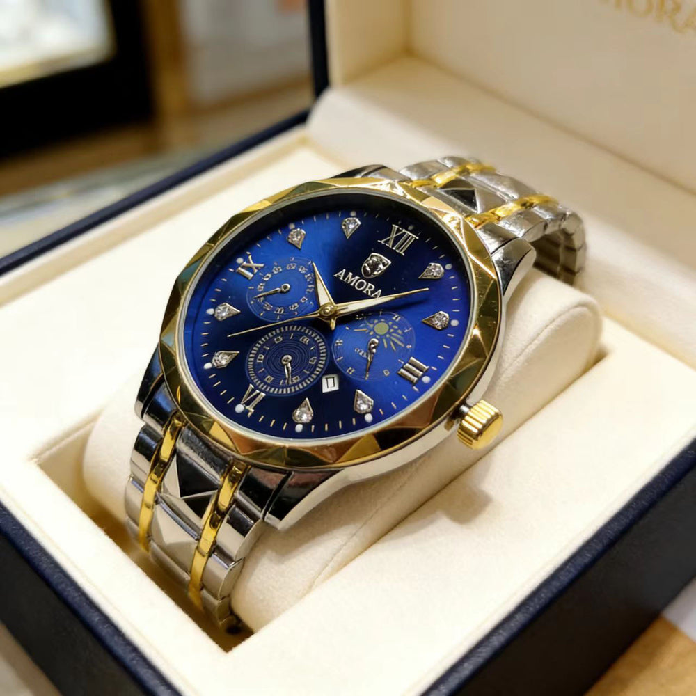 Dropshipping diamond-accented calendar multifunctional moon phase trendy fashion quartz men's watch waterproof luminous men's watch