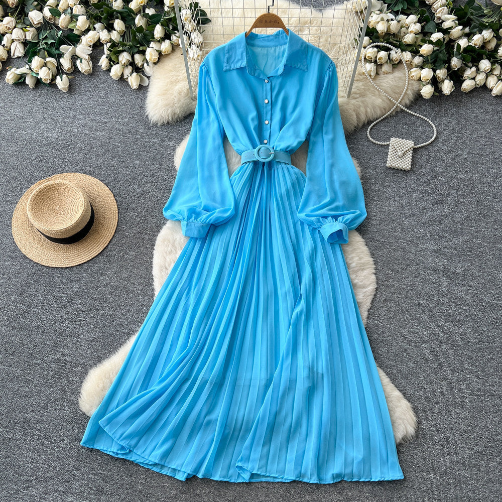Light mature style lapel lantern sleeve red a-line dress women's springelegance waist slimming lookpleated long skirt