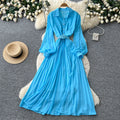 Light mature style lapel lantern sleeve red a-line dress women's springelegance waist slimming lookpleated long skirt