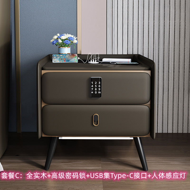 Smart bedside table, solid pine wood, minimalist modern design, leather finish, formaldehyde-free, fully assembled, mini small storage shelf, customizable