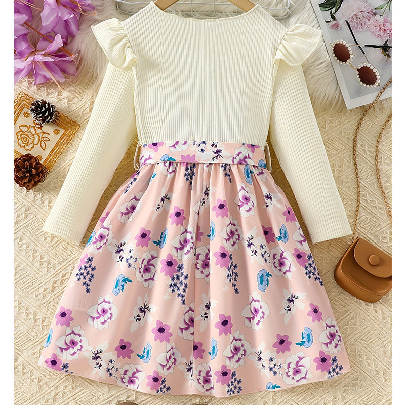 Girls' fall knit dress: floral patchwork, round neck, flutter sleeves, and belted design - cute kids' dress for export