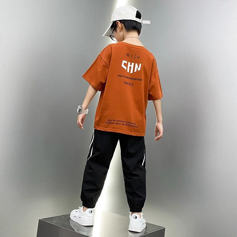 Boys'  summer activewear set: kids' casual short-sleeve and pants outfit, trendy new styles for mid-to-large children