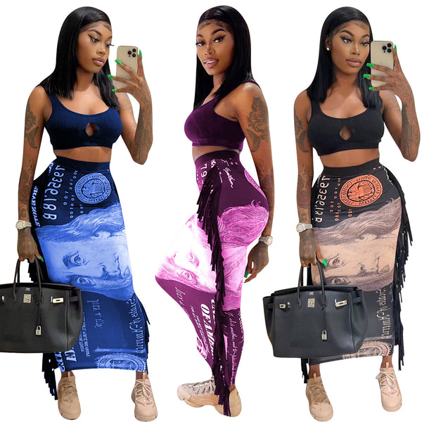 YD8616-E1 European and American women's clothing, 's new models, fashionable and sexy printed fringed two-piece set,  women's clothing