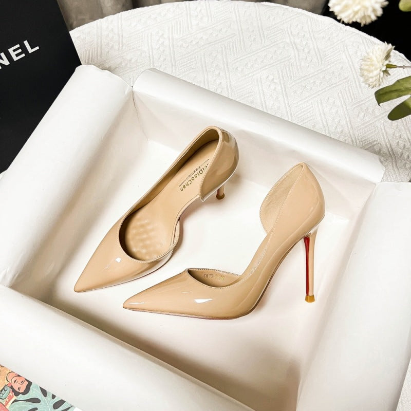 Red bottom high heels women's pointed toe stiletto side empty high heels not tiring feet elegant pointed toe nude classy sense of single shoes