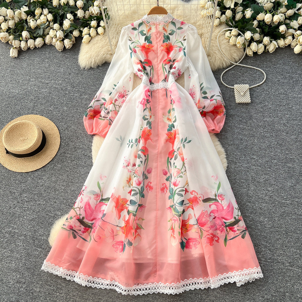 French retro floral print dress - women's early spring long sleeve slim fit a-line maxi dress - romantic vacation style elegant dress