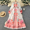 French retro floral print dress - women's early spring long sleeve slim fit a-line maxi dress - romantic vacation style elegant dress