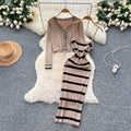 Feminine style outfit: 2025 new arrival - slim-fit striped knit camisole dress with long-sleeved cardigan jacket