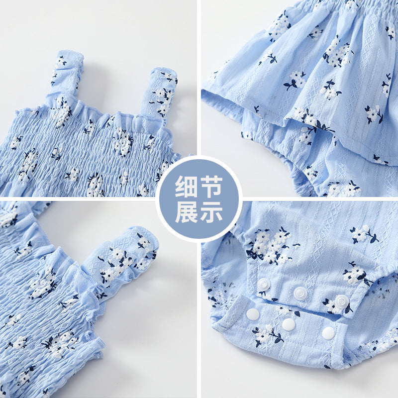 Ins summer clothing newborn baby sleeveless suspender khaki style small floral thin baby girl bag butt skirt one-piece