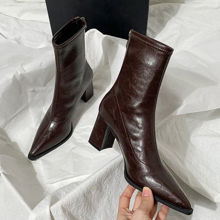 Women's ankle boots - high heel, spring/autumn  new collection, versatile french style, chunky heel, elastic pointed toe, slim fit - cross-border e-commerce