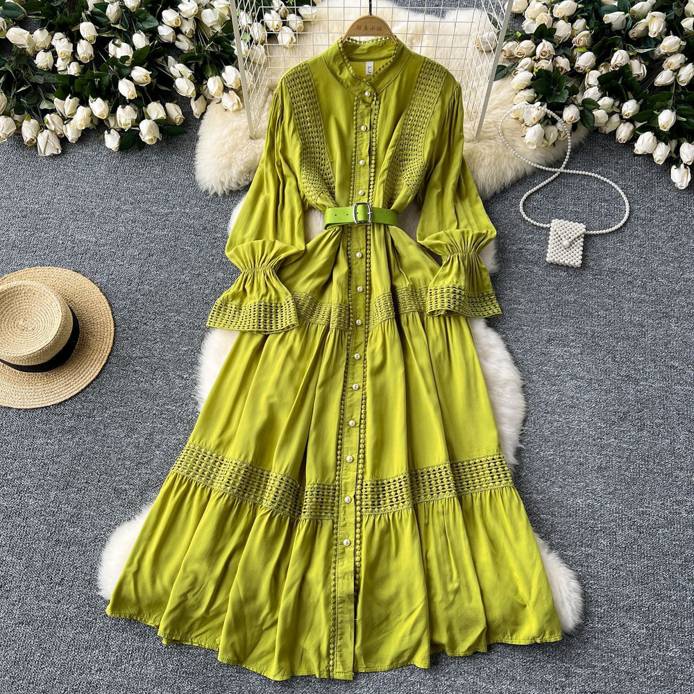 French court retroelegancedress women's stand collar bell sleeves waist single breasted lacepatchwork large swing long skirt