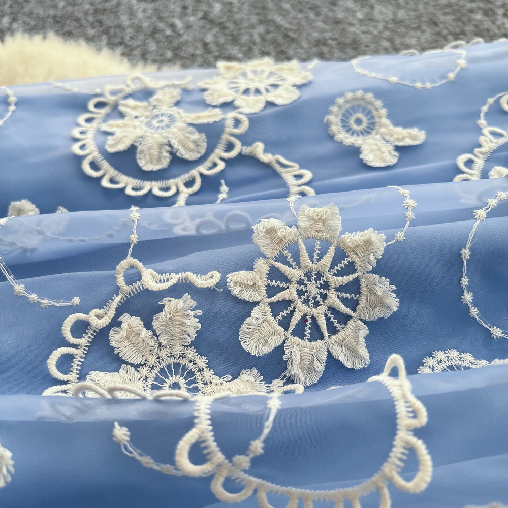 French chic blue lace dress - women's summer bubble sleeve a-line maxi dress - slim fit & figure flattering - new  collection