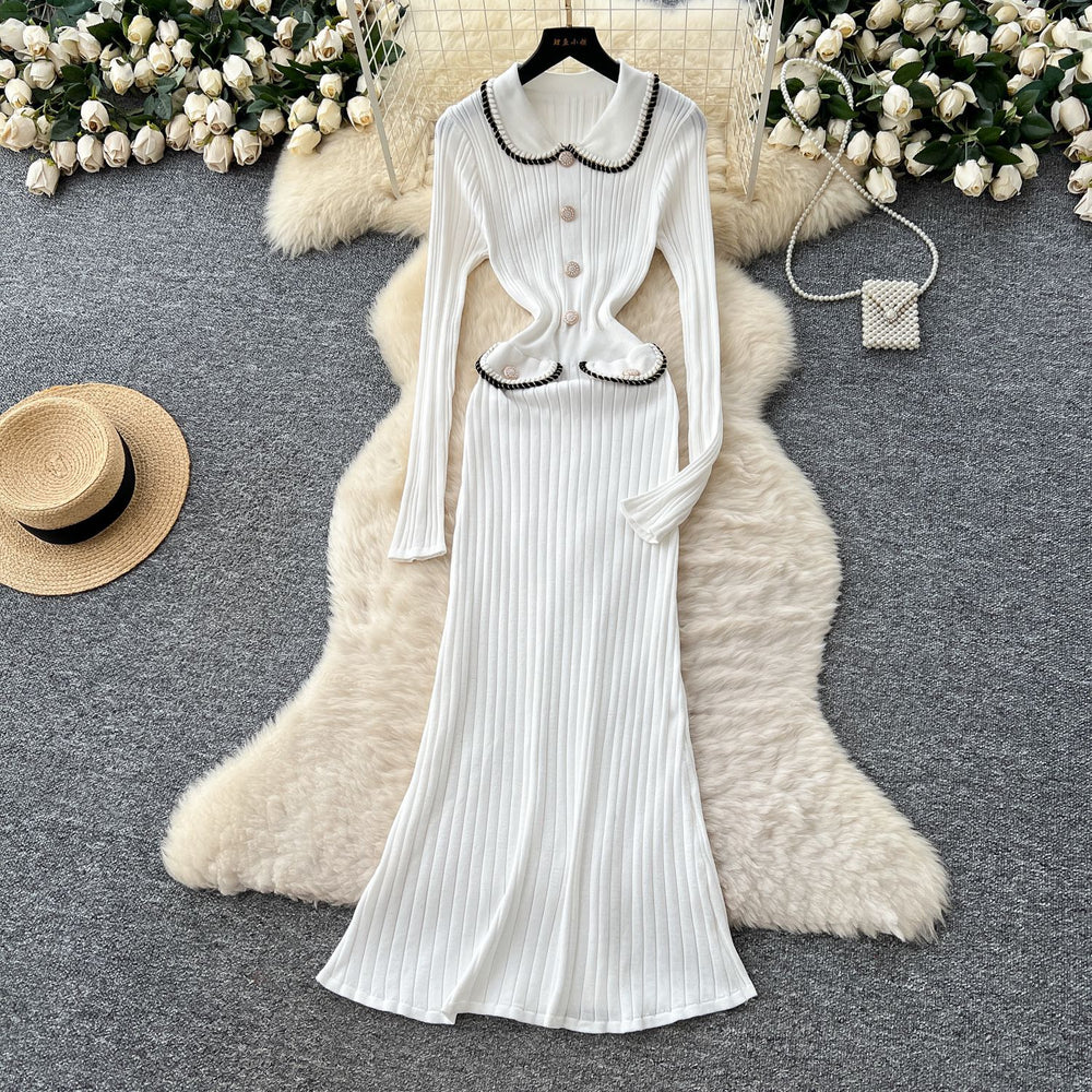 autumn new arrival: high-end chanel-inspired chic color block turn-down collar long sleeve slim-fit knitted dress for women