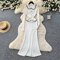 autumn new arrival: high-end chanel-inspired chic color block turn-down collar long sleeve slim-fit knitted dress for women