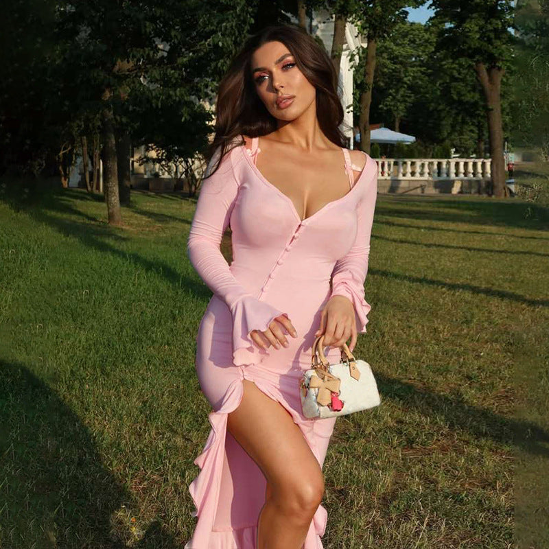 European and american cross-border women's fashion:  summer new arrivals - sexy v-neck flared sleeve ruffle hem slit dress