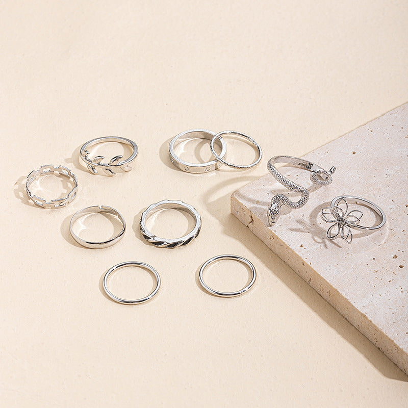 Korean-style wholesale rings, european and american cross-border jewelry, autumn and winter fashion floral statement rings, unique exaggerated snake-shaped stacked rings