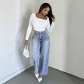 European and american style women's washed high-waisted wide-leg jeans - casual, loose-fit, cropped straight-leg denim pants