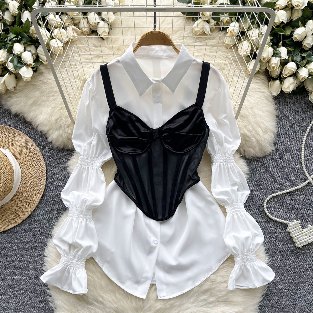French court style high-end petite set: petal sleeve blouse + fishbone design camisole bandeau top