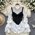 French court style high-end petite set: petal sleeve blouse + fishbone design camisole bandeau top