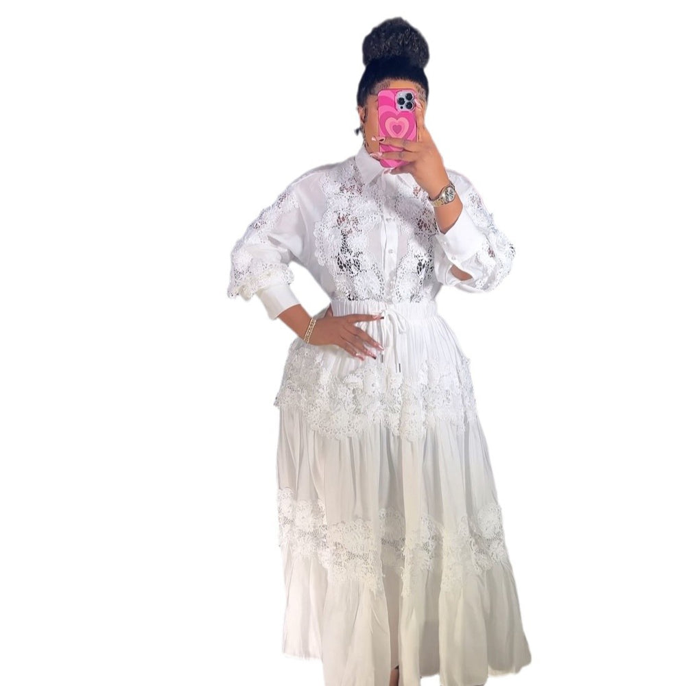 spring palace style two-piece set: women's french hollow-out lace embroidered long-sleeve blouse and high-waisted flared midi skirt
