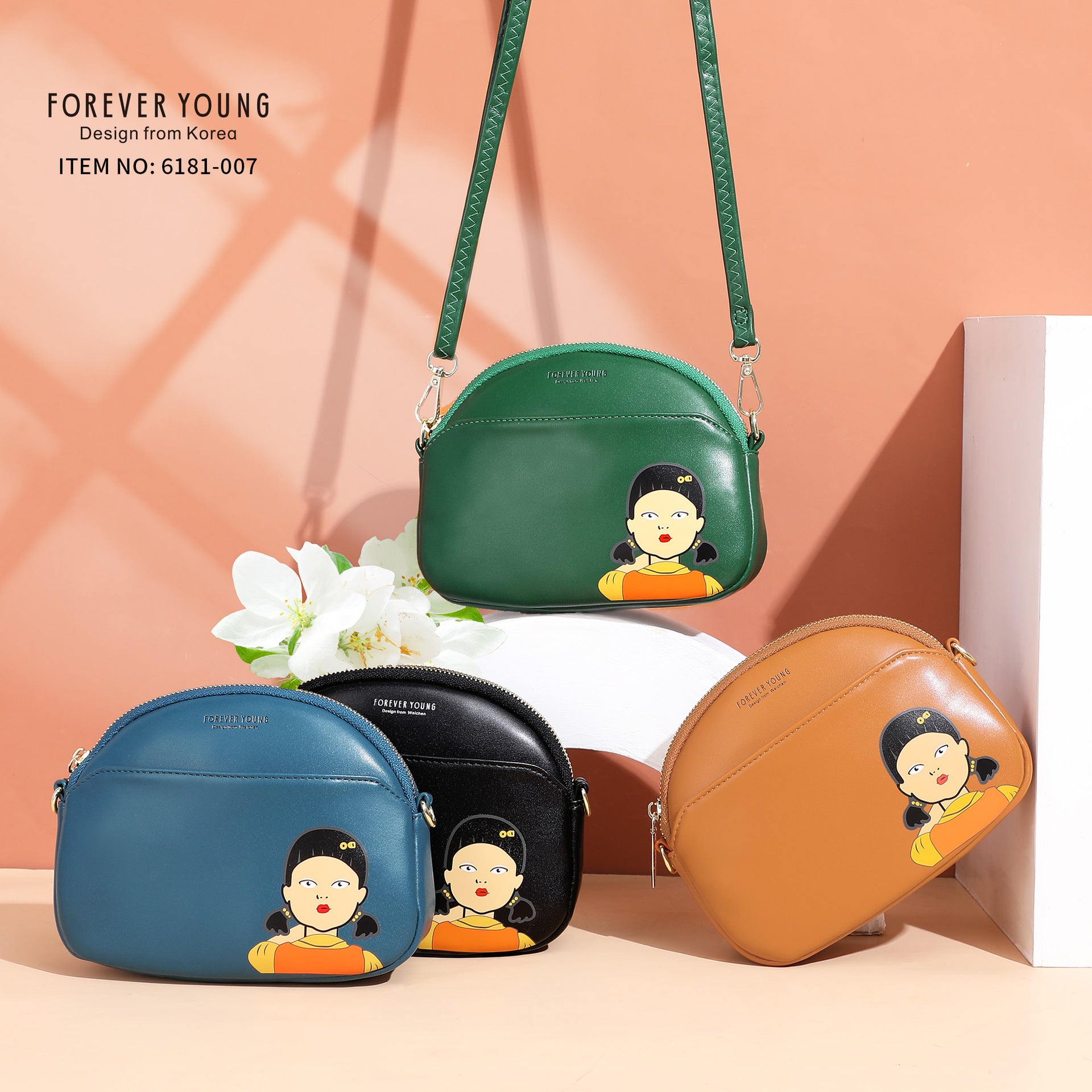 Foreveryoung simple PU women's bag Korean shoulder bag student messenger bag printed double zipper mobile phone bag