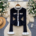French chic chanel-inspired color block knit top with metallic buckle detail - women's slim-fit long sleeve base layer for autumn