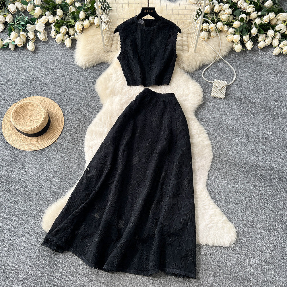 French lace cutout sleeveless two-piece set for women -  summer elegant high-end vest and midi skirt outfit