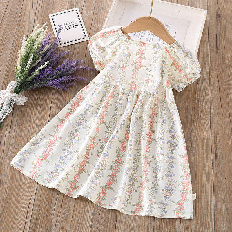 【matching family outfits】girls' cotton silk floral dress - princess style, stylish print, and puff sleeve skirt