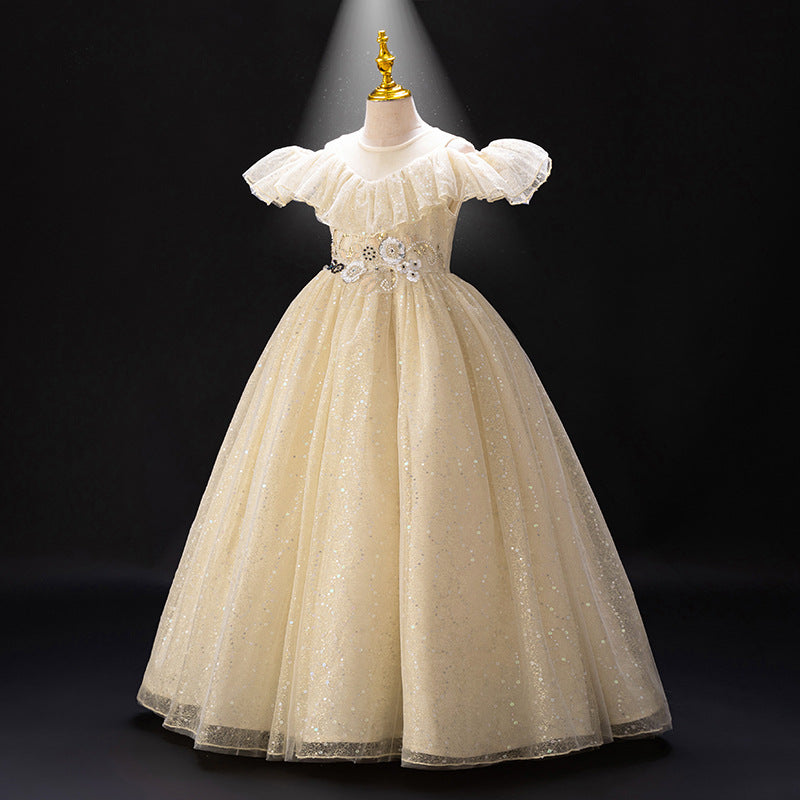 Girls' high-end flower girl dresses, wedding gowns, runway show, little girl host performance, long sequined dresses, foreign trade cross-border
