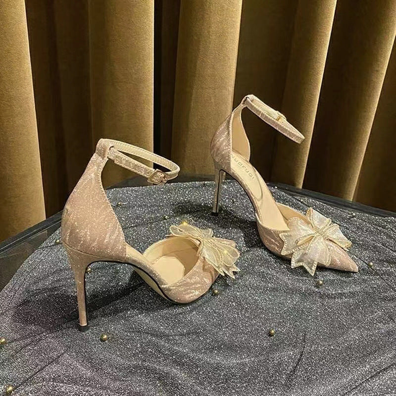 Women's sandals summer 2023 new rhinestone hollow butterfly bridesmaid shoes high heels fairy pointed toe single shoes women's stiletto heels