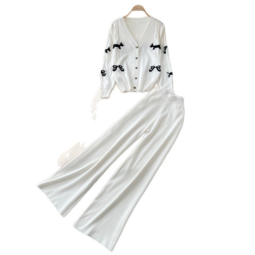 Fashionexportv necksweetcardigantopsloose pantsknittingtwo-piece setfemalefall and winter silmelegantsuit