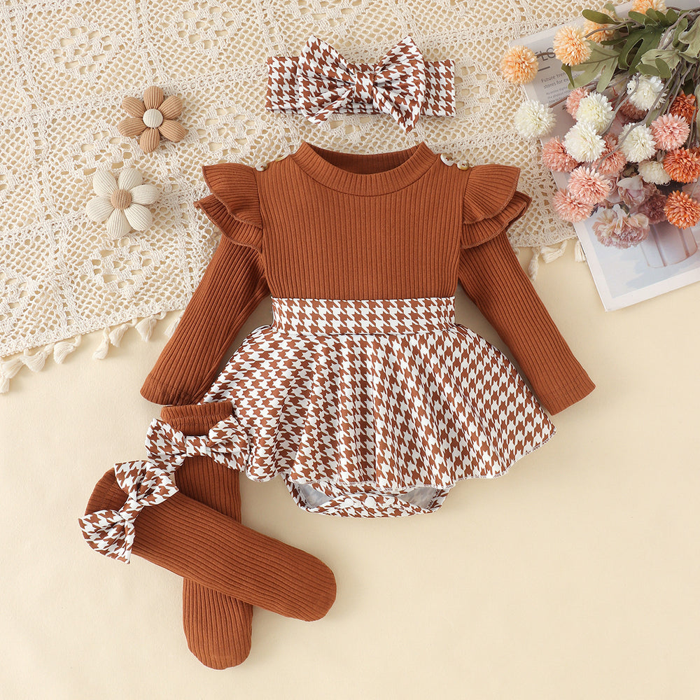 Children's clothing shein cross-border girl suit brown long-sleeved dress children's clothing suit