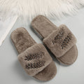 rhinestone leaf autumn and winter new arrival fur slippers women's foreign trade large size 43casualthick sole home fur slippers for women