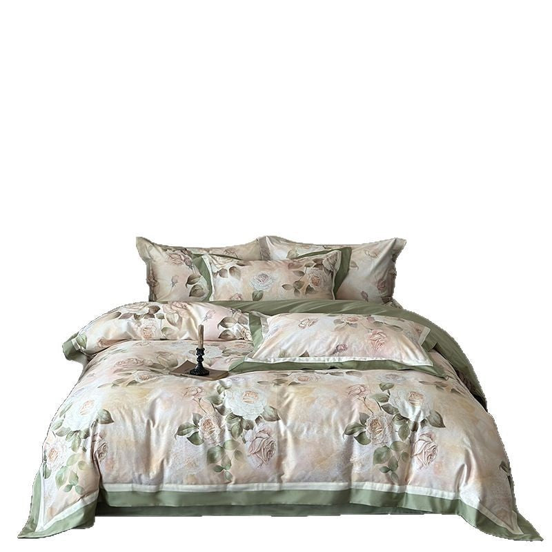 Spring and summer pastoral 100S long-staple cotton digital printing four-piece cotton wide-edge quilt cover for sleeping naked on a pure cotton bed