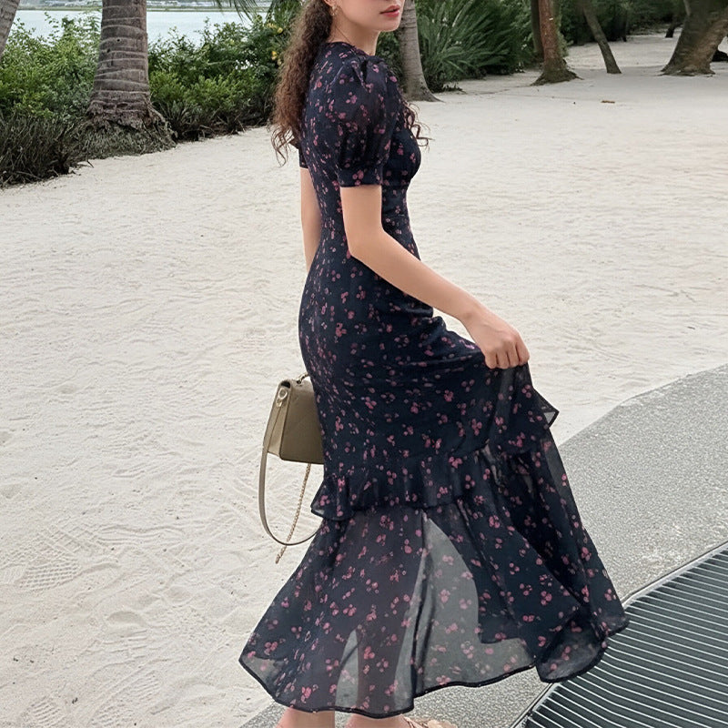 cross-border e-commerce women's fashion: european and american summer new arrivals - elegant, stylish, high-waisted, printed v-neck work dress