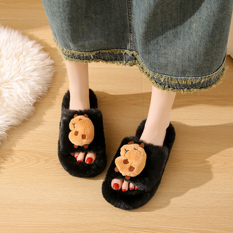 Korean style cartoon cute capybara fuzzy slippers women's autumn/winter new thick sole comfortable one-strap capybara cotton slippers