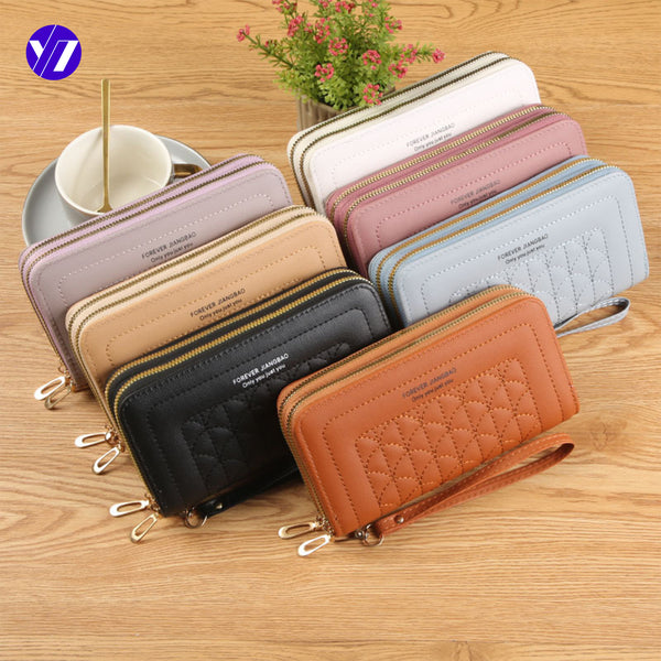 Cross-border women's wallet long double zipper clutch bag embroidered large capacity soft leather clip mobile phone bag directly from the manufacturer