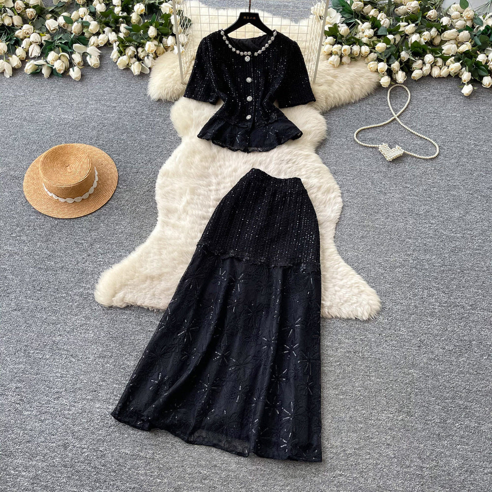 French romantic lace embroidery sequin two-piece set - women's summer commute slim-fit high-end elegant outfit