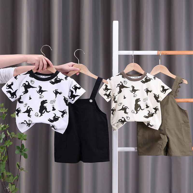 Kids' overalls set - boys' summer short-sleeve outfit: all-over dinosaur print crewneck tee + shorts 2-piece set
