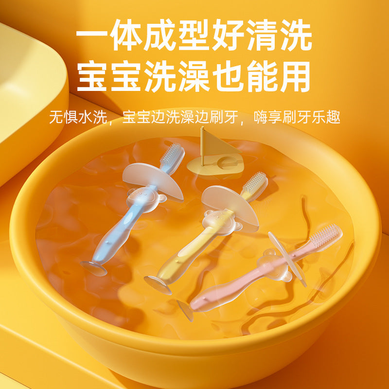 Baby training silicone three-dimensional baby teeth brush standing suction cup toothbrush silicone tongue coating soft bristle brush baffle safety brush