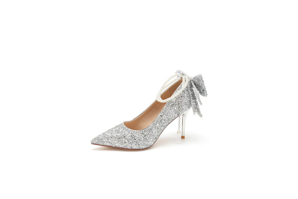 Xiuhe wedding dress bridal crystal sequin coming of age pearl chain bows women's high heels wedding shoes