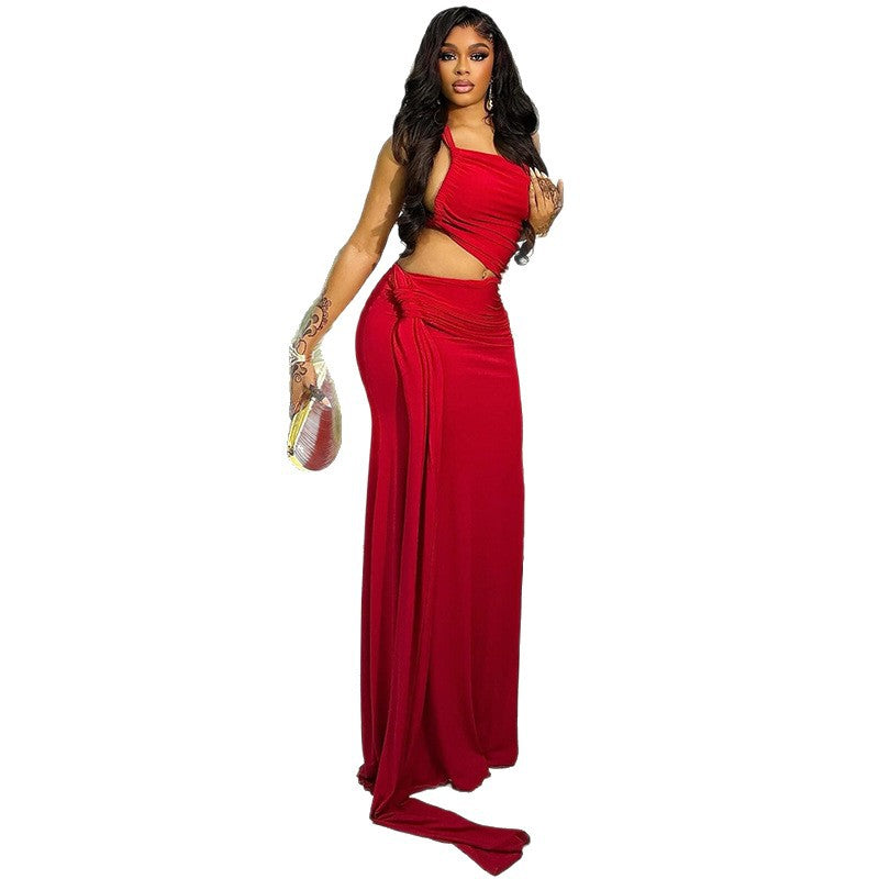 Fashion style export women's clothing silm asymmetrical pleated hip skirt one shoulder oblique collar tube toppure color long dress trendy
