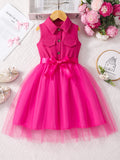 Girls' (sizes) solid color sleeveless turn-down collar mesh dress with woven belt