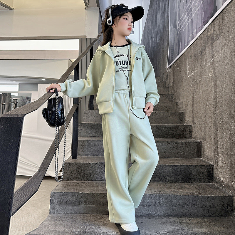 Girls' spring/autumn outfit set: new fashionable  jacket and wide-leg pants two-piece casual set for girls (sizes for mid-to-large children)