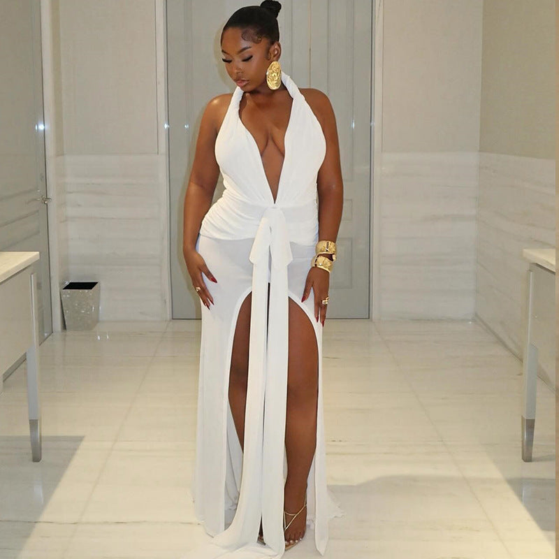 Fashion style insexport women's pure colorsexy sleeveless halterneck tie backbackless slit elegant long skirt dress