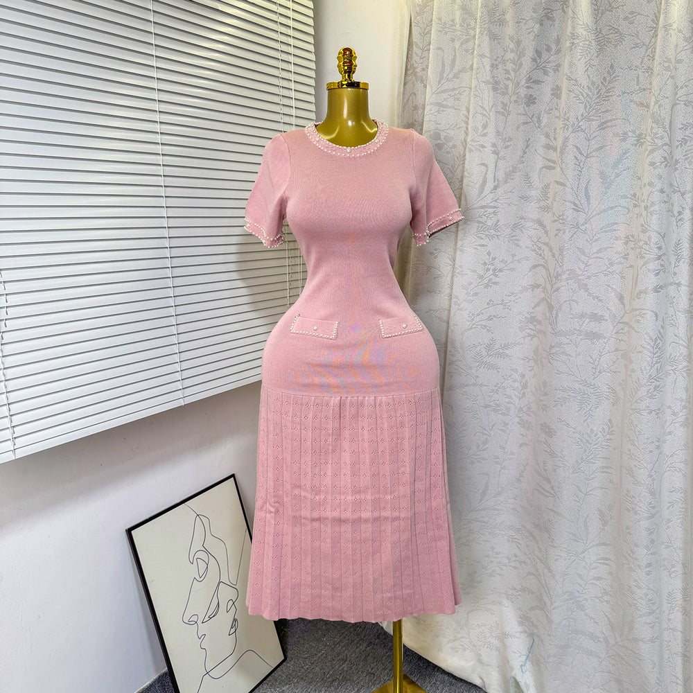 French chic beaded crew neck short sleeve knit dress - women's slimming, figure-flattering, and elegant inner layer sweater dress