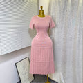 French chic beaded crew neck short sleeve knit dress - women's slimming, figure-flattering, and elegant inner layer sweater dress