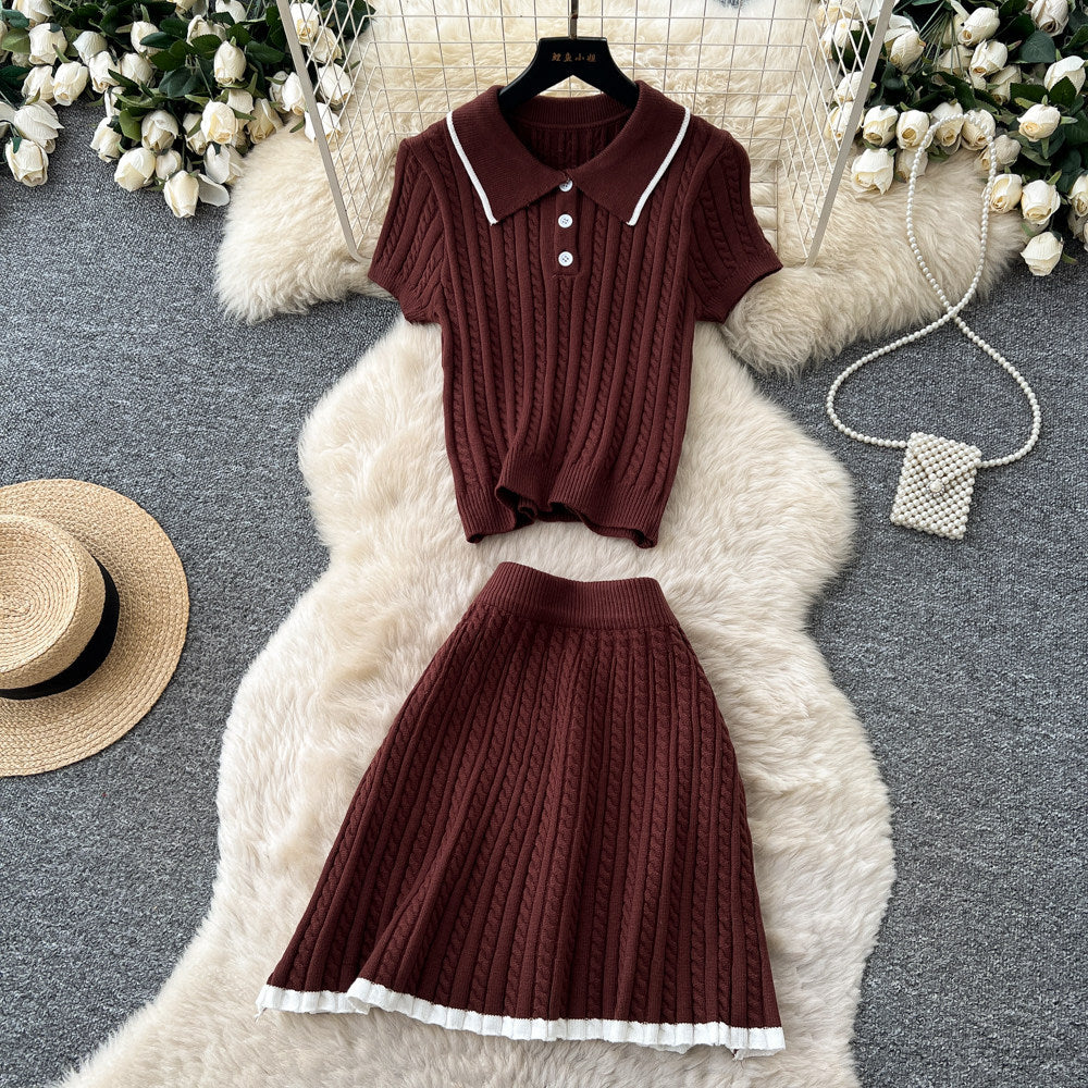 Preppy style polo collar knittingtwo-piece set female summerwork clothing styleslimming look short-sleeved topselegant skirt suit